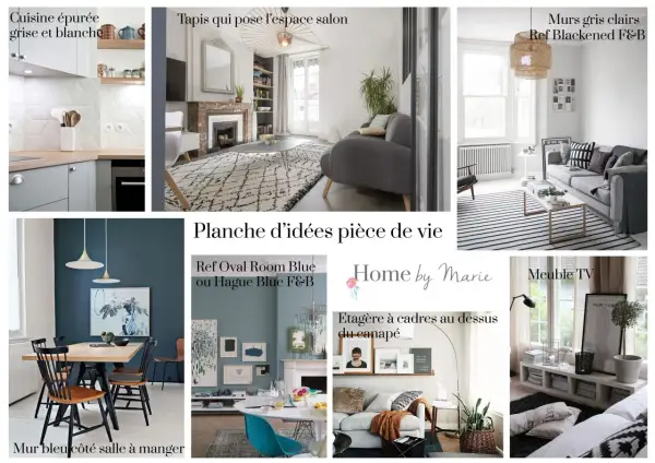 Ambiance chaleureuse avec un tapis **frake bois** au salon, une cuisine épurée, et une salle à manger bleue.