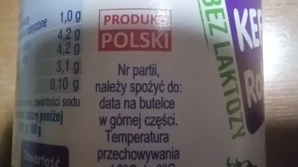 Produkt polski. Nr partii, należy spożyć do: data na butelce w górnej części. Bez laktozy.
