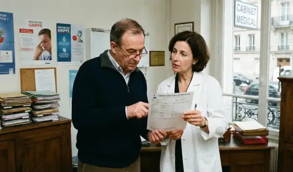 Un médecin examine avec un patient un rapport d'analyse médicale, discutant des résultats, peut-être liés à l'acide urique.