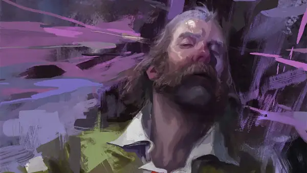 Portret mężczyzny z wąsami, w stylu Disco Elysium 2, otoczony fioletowymi, abstrakcyjnymi pociągnięciami pędzla.