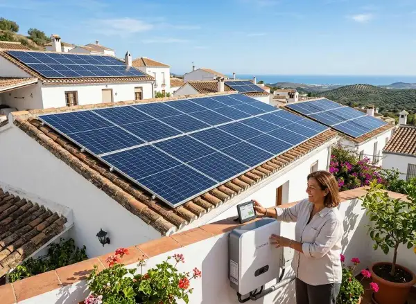 Mujer sonríe mientras revisa datos en tablet junto a inversor, con tejados llenos de paneles solares. ¡Un paso más para legalizar instalación fotovoltaica!