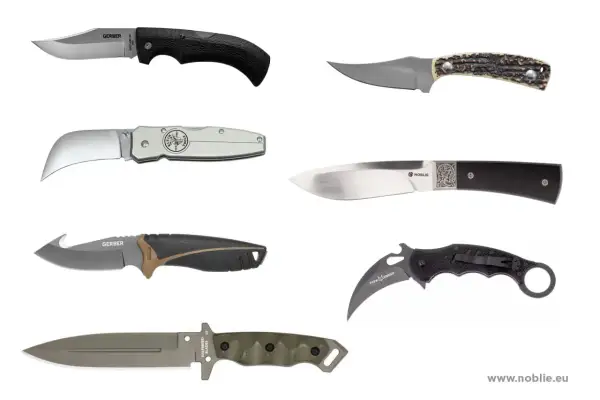 Vari tipi di coltelli da cucina e usi: coltello pieghevole, da caccia, da intaglio, karambit e altri.