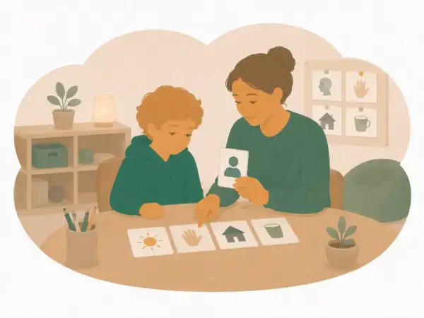 Kvinna och barn övar med bildkort, en metod som kan stödja barn med autism och adhd.