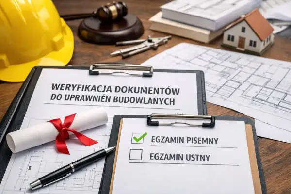 Żółty kask, dokumenty, dyplom, długopis i makieta domu na drewnianym stole.