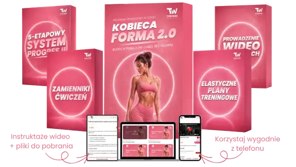 Kobieta endomorfik w różowym stroju sportowym na tle materiałów treningowych. Program "Kobieca Forma 2.0" oferuje plany, wideo i zamienniki ćwiczeń.