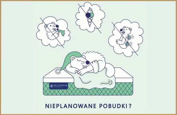 Śpiący bóbr na materacu, otoczony chmurkami z zakazanymi myślami: jedzeniem, stresem i bólem. Koniec z budzeniem się o 2-3 w nocy!