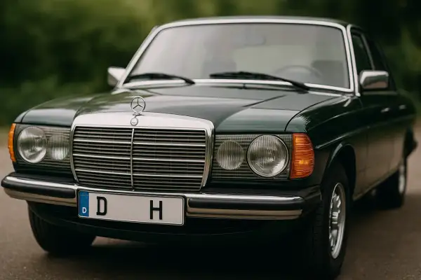 Dunkelgrüner Mercedes-Benz mit historischem Kennzeichen. Ab wann solche Kennzeichen erlaubt sind, ist eine Frage der Zulassung.
