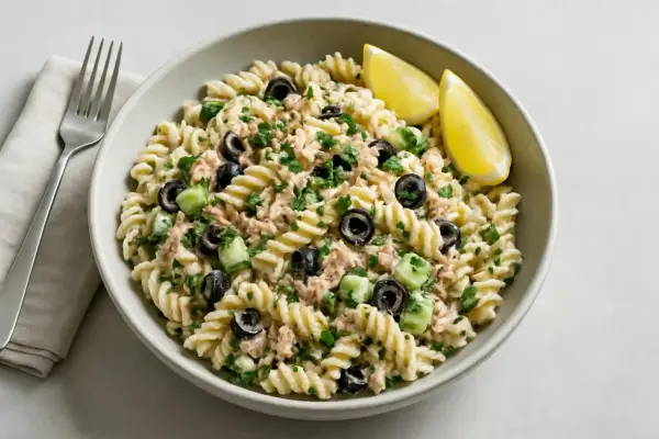 En skål med krämig tonfisksallad med pasta, svarta oliver, gurka och citronklyftor.