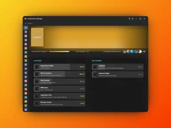 Interfejs Steam Achievement Manager z grą "Duskfall". Widoczne postępy w zdobywaniu osiągnięć, lista zablokowanych i aktywnych zadań.
