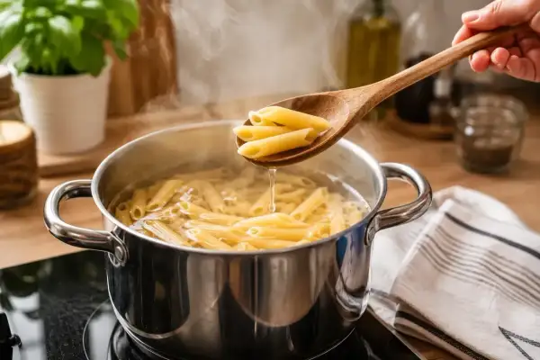 Drewniana łyżka z penne nad garnkiem wrzącej wody. Prosty sposób, jak ugotować makaron al dente.