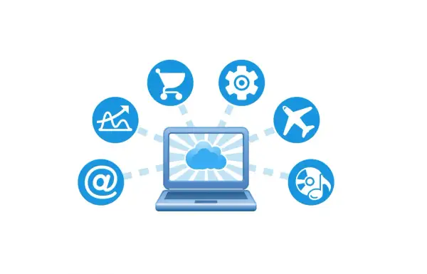 Laptop z chmurą i ikonami symbolizującymi handel, ustawienia, podróże, muzykę i pocztę. To ilustracja świadczenia usług drogą elektroniczną.