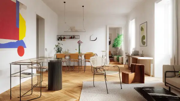 Jasne, przestronne wnętrze w stylu bauhaus z abstrakcyjnym obrazem, szklanym stołem i drewnianymi meblami.