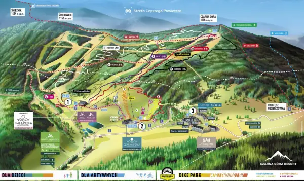 Mapa ośrodka górskiego Czarna Góra Resort z trasami narciarskimi i rowerowymi, wyciągami, schroniskami i hotelami.