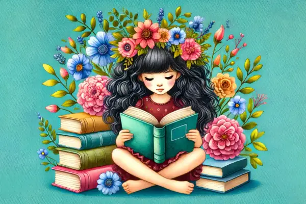 Ein Mädchen mit Blumenkranz sitzt im Schneidersitz und liest ein Buch. Um sie herum stapeln sich Bücher und bunte Blumen. Ein Bild für literarisches Lernen.
