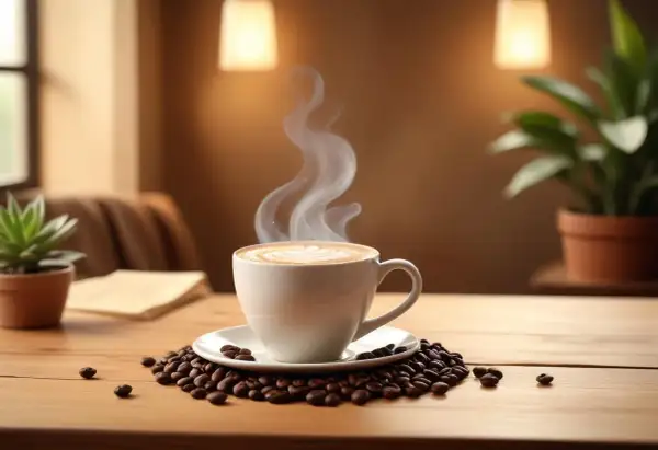 En ångande kopp koffein fritt kaffe med lattekonst, omgiven av kaffebönor på ett träbord.