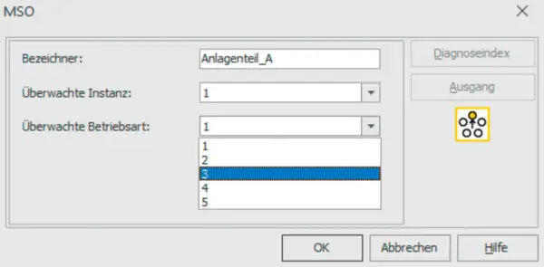 Fenster "MSO" zeigt die Auswahl der "Überwachten Betriebsart" mit der Option "3" als aktuell gewählt.