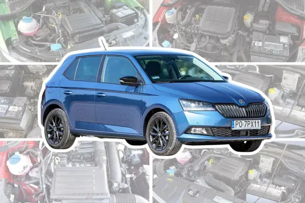 Niebieska Skoda Fabia na tle silników. Sprawdź aktualne skoda fabia - ceny używanych.