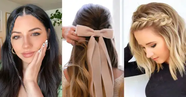 Peinados con peinetas y cabello suelto: trenzas finas, un lazo de terciopelo y una trenza diadema.