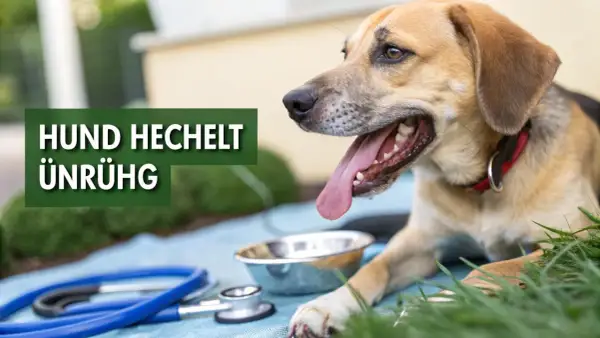 Ein Hund hechelt stark, sein Fell ist hellbraun und er trägt ein rotes Halsband. Neben ihm stehen ein Napf und ein Stethoskop.