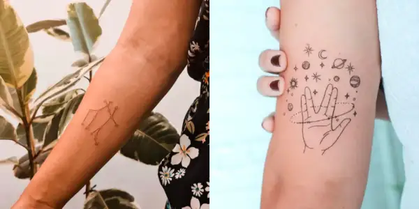 Delikatny tatuaż znak zodiaku Bliźniąt na przedramieniu. Obok, na innym ramieniu, tatuaż dłoni otoczonej planetami i gwiazdami.
