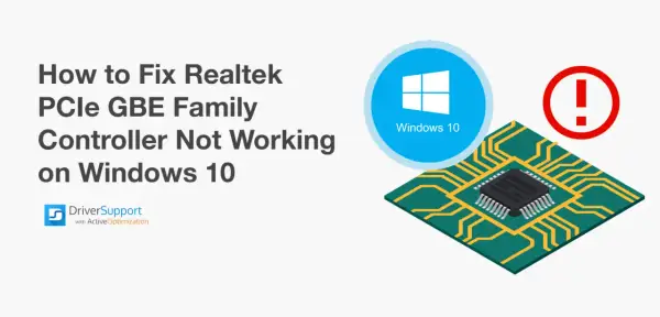 Naprawa kontrolera sieci Realtek PCIe GBE Family na Windows 10. Ikona Windows 10 i symbol błędu.