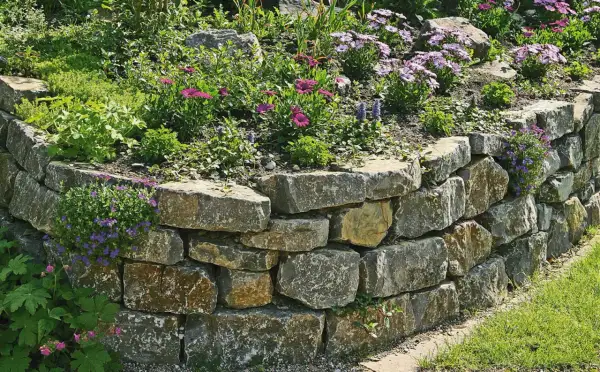 Eine **trockenmauer** sichert den **Hang** mit Natursteinen. Blumen und Grünpflanzen wachsen üppig auf und neben der stabilen **Hangbefestigung**.