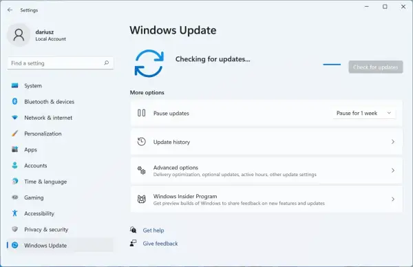 Ekran Ustawień Windows, sekcja Windows Update. Sprawdzanie aktualizacji, opcja wstrzymania na 25h2 tygodnie.