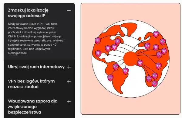 Grafika przedstawia globus z ikonami tarcz z symbolem Wi-Fi, symbolizującymi ochronę i globalny zasięg Brave VPN.