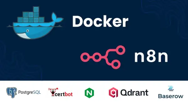 Logo Dockera, n8n, PostgreSQL, Certbot, Nginx, Qdrant, Baserow. Dowiedz się, docker co to jest i jak działa.