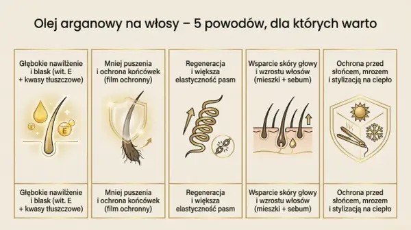 Olej arganowy na włosy: głębokie nawilżenie, mniej puszenia, regeneracja, wsparcie skóry głowy i ochrona. Dowiedz się, jak stosować olejek arganowy na włosy dla najlepszych efektów.