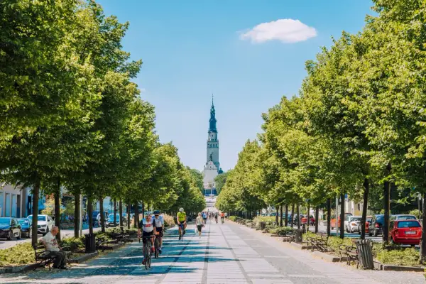 Aleja drzew prowadzi do Jasnej Góry. Na ścieżce rowerzyści i spacerowicze. Rynek Częstochowa tętni życiem.