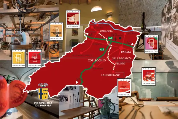 Mappa dei Musei del Cibo di Parma, con immagini di pasta, pomodoro, culatello, parmigiano, vino, prosciutto e salame.