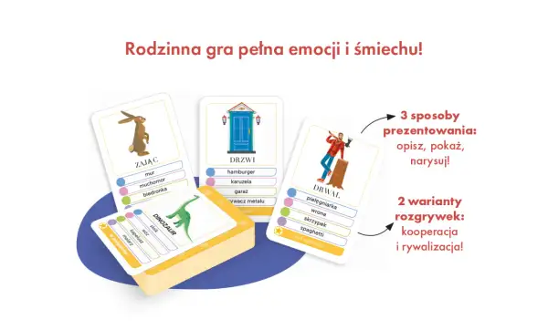 Gra karciana "kalambury co to?" z kartami: zając, drzwi, drwal, dinozaur. Gra oferuje 3 sposoby prezentacji i 2 warianty rozgrywek.