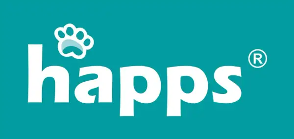 Logo "happs" z łapką psa, symbolizujące ochronę przed pchłami i kleszczami.