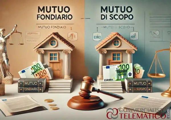 Confronto visivo tra mutuo fondiario e ipotecario: case, denaro e bilance della giustizia illustrano la differenza.