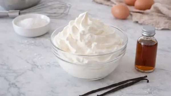 Un bol de crème chantilly aérienne, prêt à être dégusté. À côté, des gousses de vanille et une petite bouteille d'extrait.