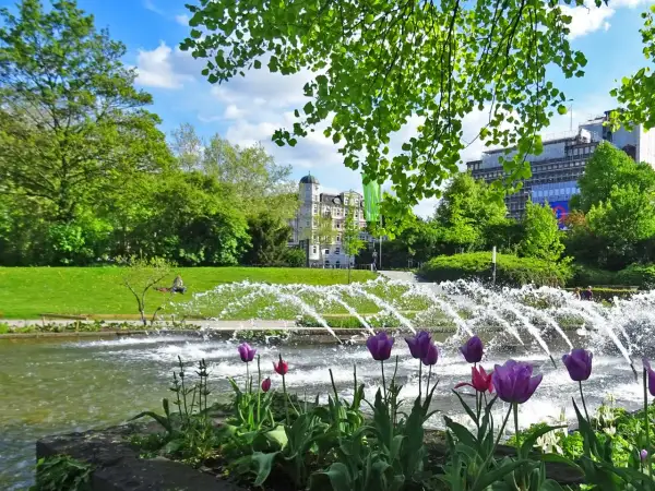 Wasserspiele Hamburg: Tulpen blühen am Teich, während Fontänen im Park sprühen. Ein entspannter Tag im Grünen.
