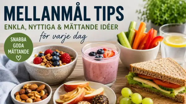 Här är tips på nyttiga mellanmål: yoghurt med bär, smoothie, grönsaksstavar, nötter, äppelklyftor med jordnötssmör och en macka.
