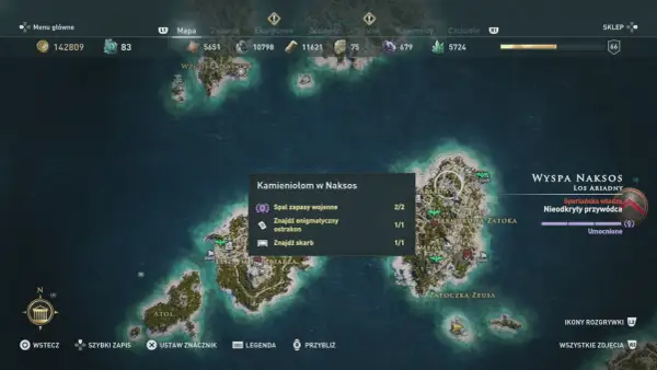 Mapa z Assassin's Creed Odyssey: Naksos, z zaznaczonymi celami misji "Kamieniołom w Naksos".