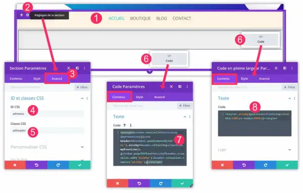 Interface de configuration d'un menu sticky. On voit les options avancées, le code CSS et JavaScript pour rendre le menu fixe.