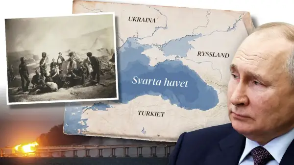 Putin blickar mot kartan över Svarta havet, med historiska bilder av soldater och en bro i brand.