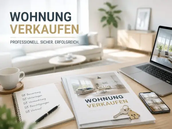 Eine professionelle Wohnung Beschreibung Beispiel: Checkliste für Bewertung, Unterlagen, Vermarktung, Besichtigungen und Verkauf. Schlüssel und Laptop liegen bereit.