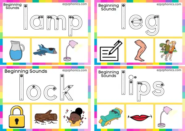 Ficha para practicar la **ficha letra l** con palabras como lamp, leg, lock y lips. Incluye imágenes de apoyo.