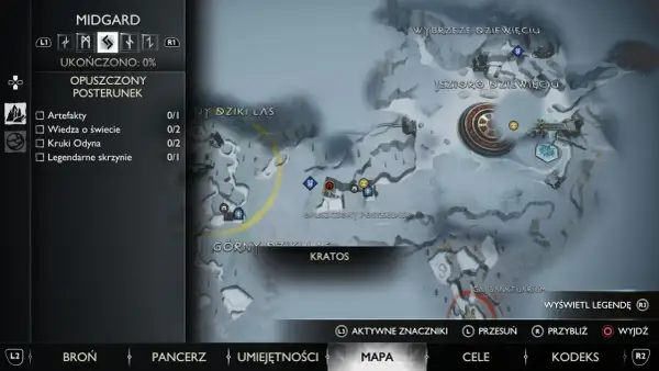 Mapa z gry God of War Ragnarok. Widok na obszar Jezioro Dziewięciu w Midgardzie, z zaznaczonymi punktami i zadaniami.