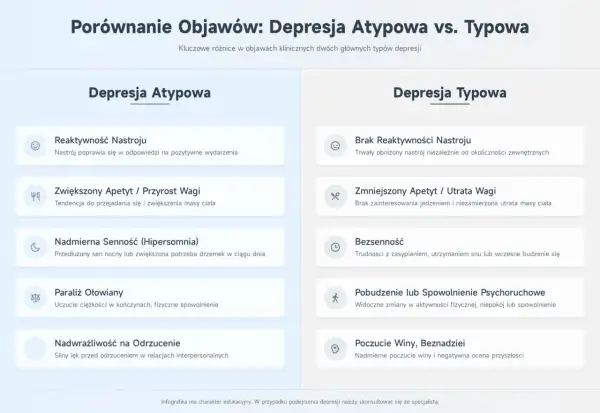 Porównanie objawów depresji atypowej i typowej: reaktywność nastroju, apetyt, senność, paraliż ołowiany, nadwrażliwość na odrzucenie.