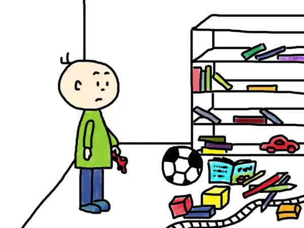 Ein Junge steht vor einem Bücherregal voller Spielzeug. Er hält einen roten Schlüssel in der Hand, der ihm helfen soll, Ordnung im Kinderzimmer zu schaffen.