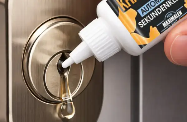 Une goutte de liquide s'écoule d'un flacon sur une serrure. Une astuce pour comment enlever de la colle dans une serrure.