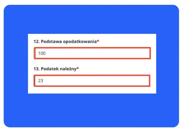 Formularz VAT-9M: podstawa opodatkowania 100, podatek należny 23.