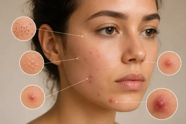 Gros plans sur différents types d'imperfections cutanées, montrant comment enlever les boutons et retrouver une peau nette.