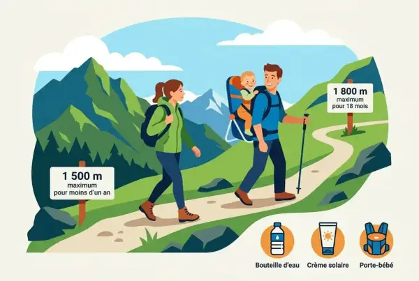 Un couple fait une randonnée avec bébé dans un porte-bébé, profitant des montagnes. Conseils pour la randonnée avec bébé.
